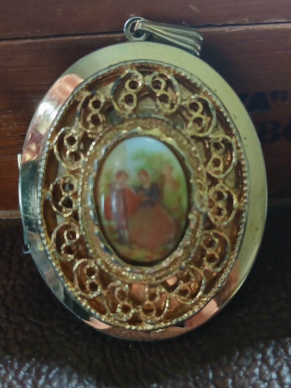 Vintage Porcelain Gold Tone Locket Pendant Provincial Scene